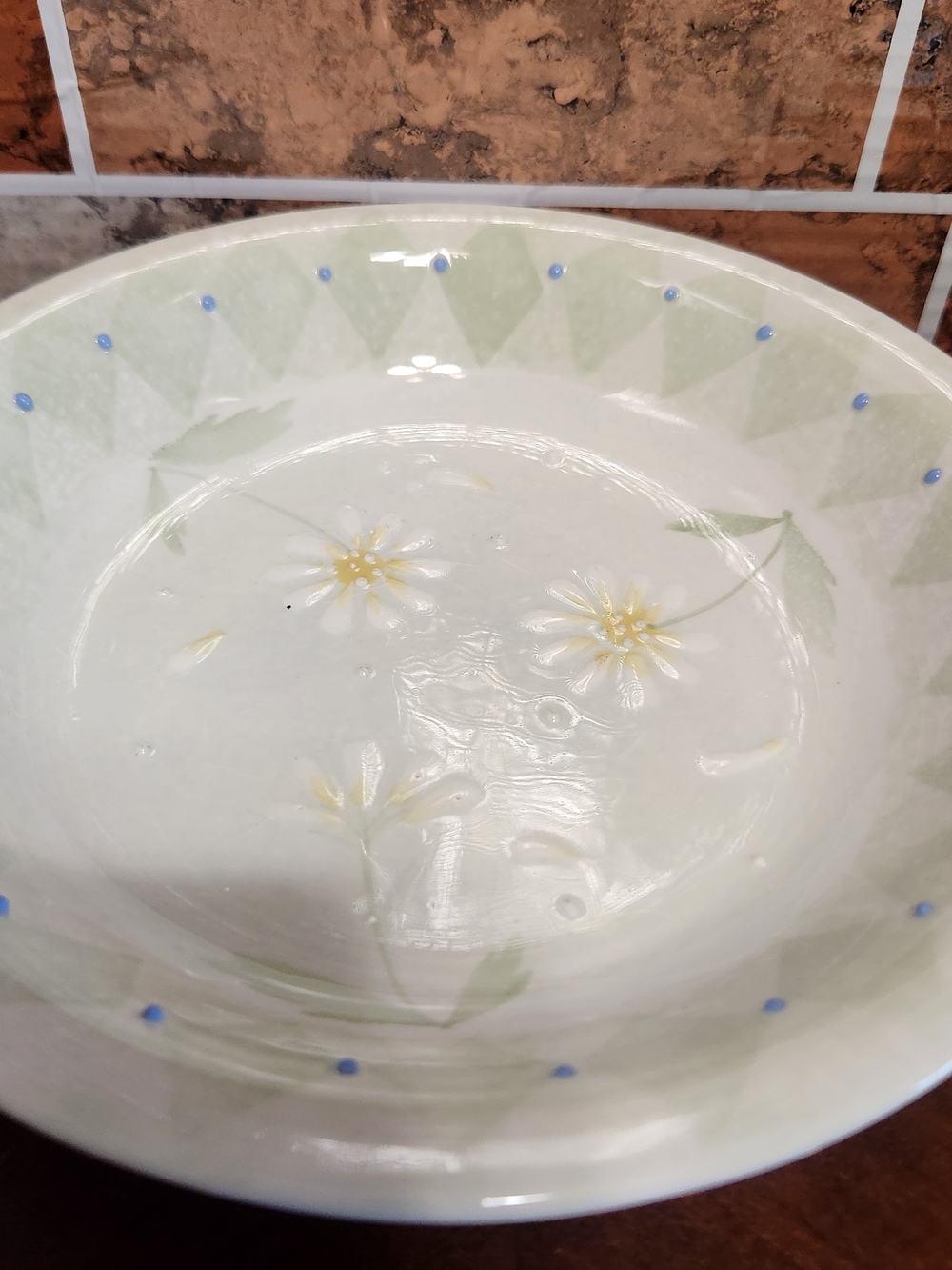 Ceramic Floral Serving Bowl in White and Light Green